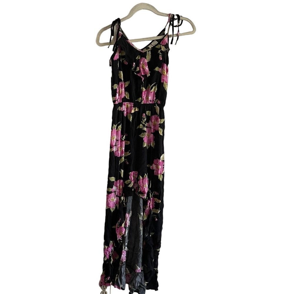 Mimi Chica Women XS Black Floral Sleeveless Tie Strap Ruffle High Low Maxi Dress
